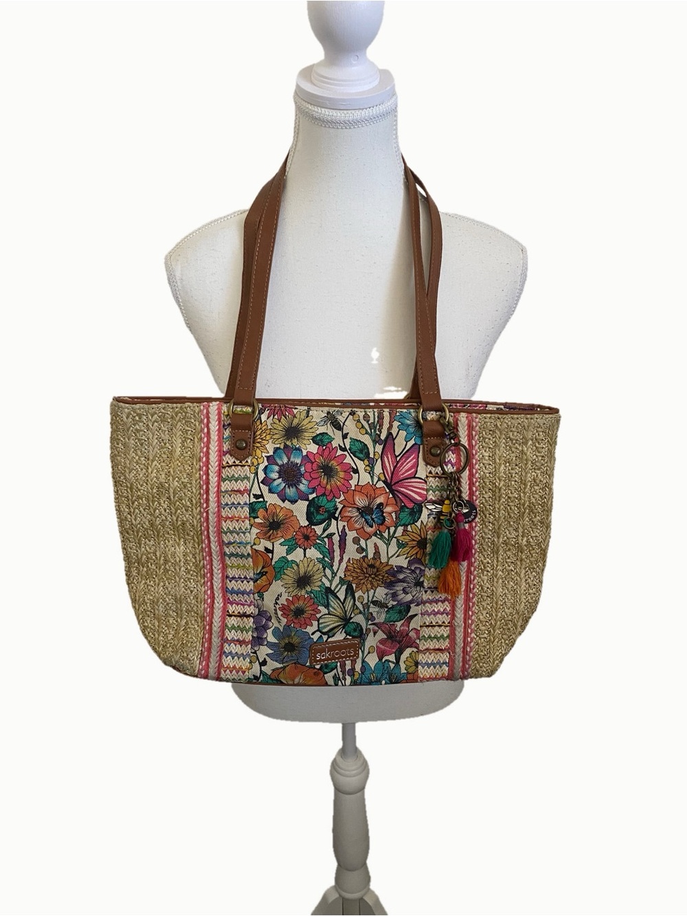 Sakroots Floral Straw Tote Bag Natural Multicolor Woven Boho